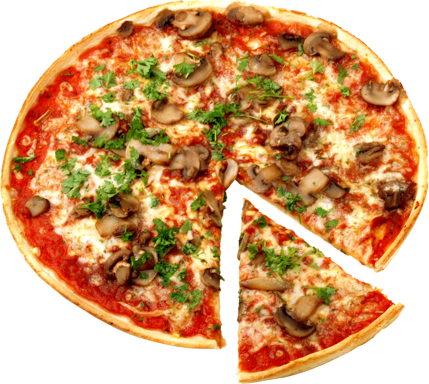 Round Pizza with Basil Leaves and Missing Slice on White PNG Image