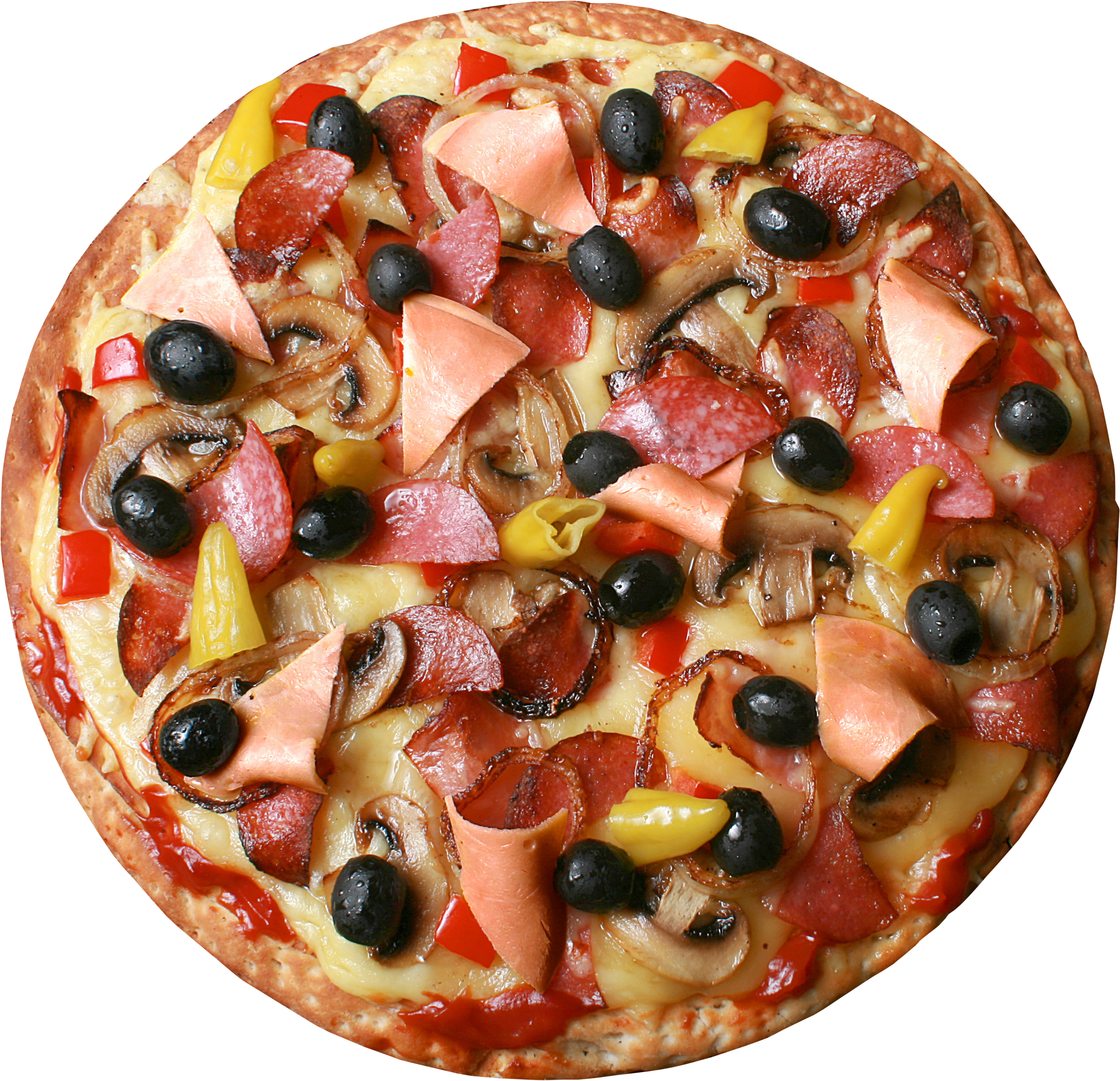 Round Pizza with Cured Meat Olives and Vegetable Toppings PNG Image