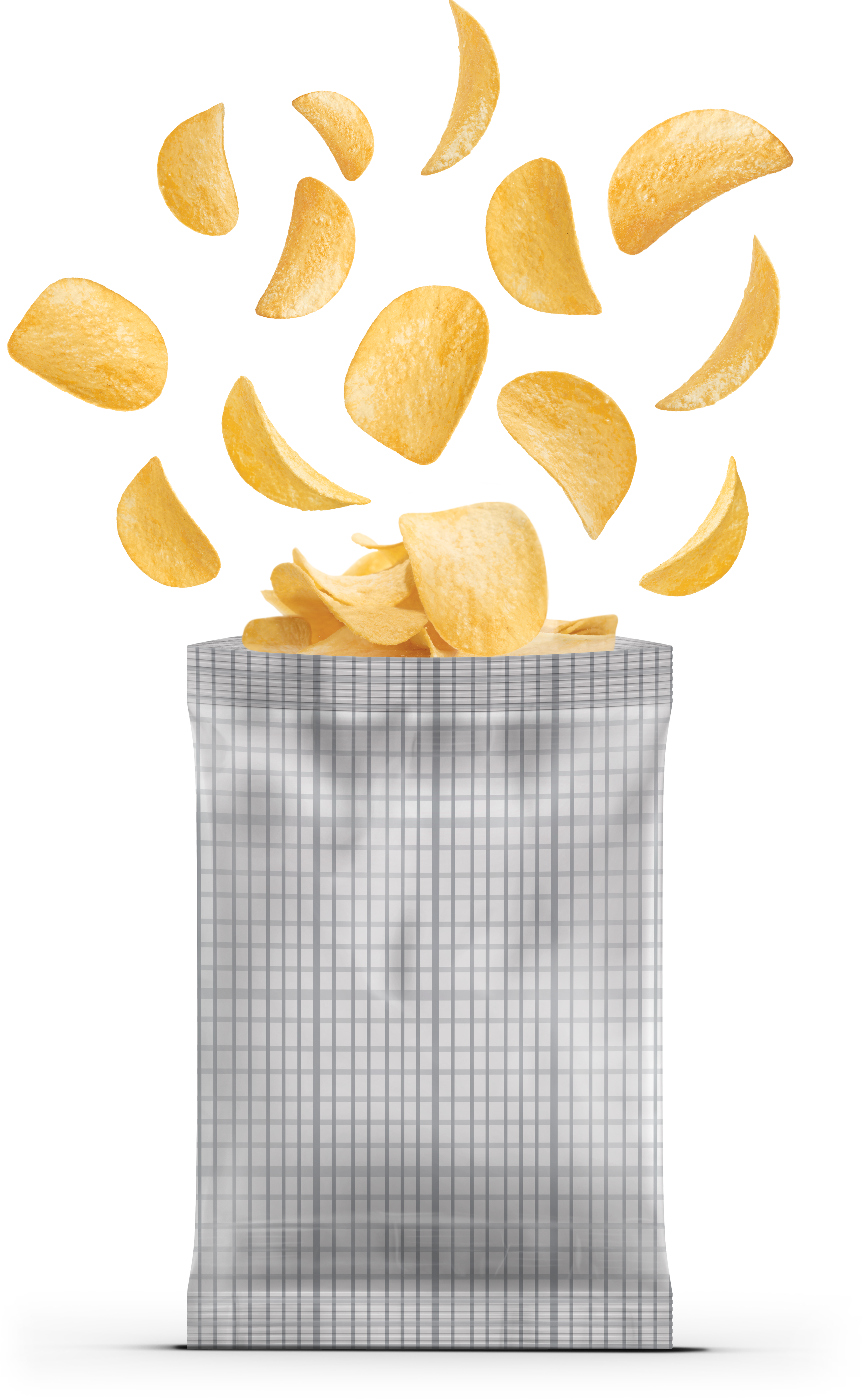 Simple Gray Potato Chip Bag with Popping Chips Illustration PNG