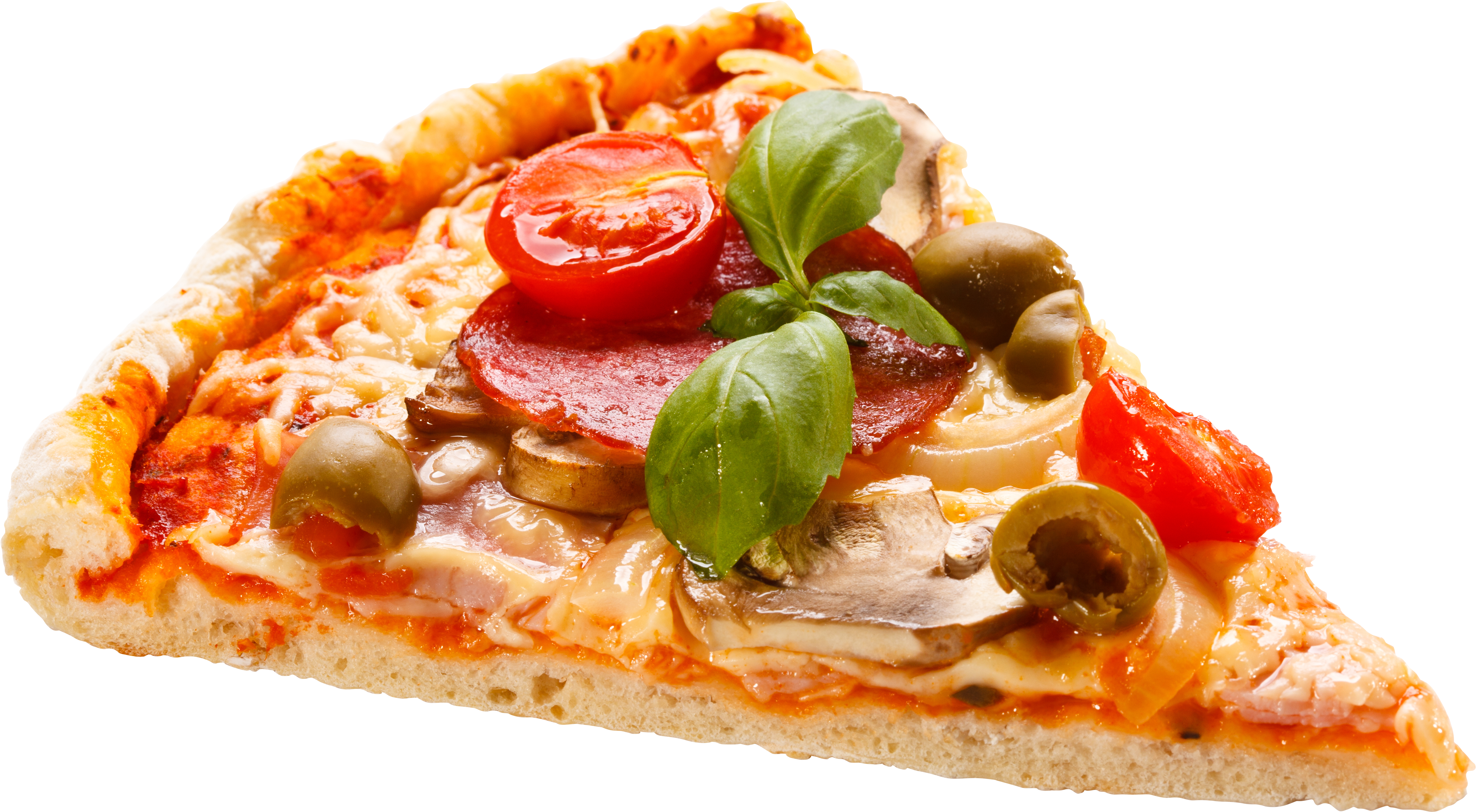 Single Pizza Slice with Tomato Sauce and Fresh Basil Leaves PNG Image