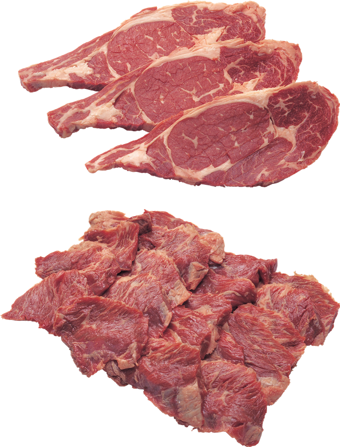 Sliced Raw Meat Steaks and Cubes on Transparent Background PNG