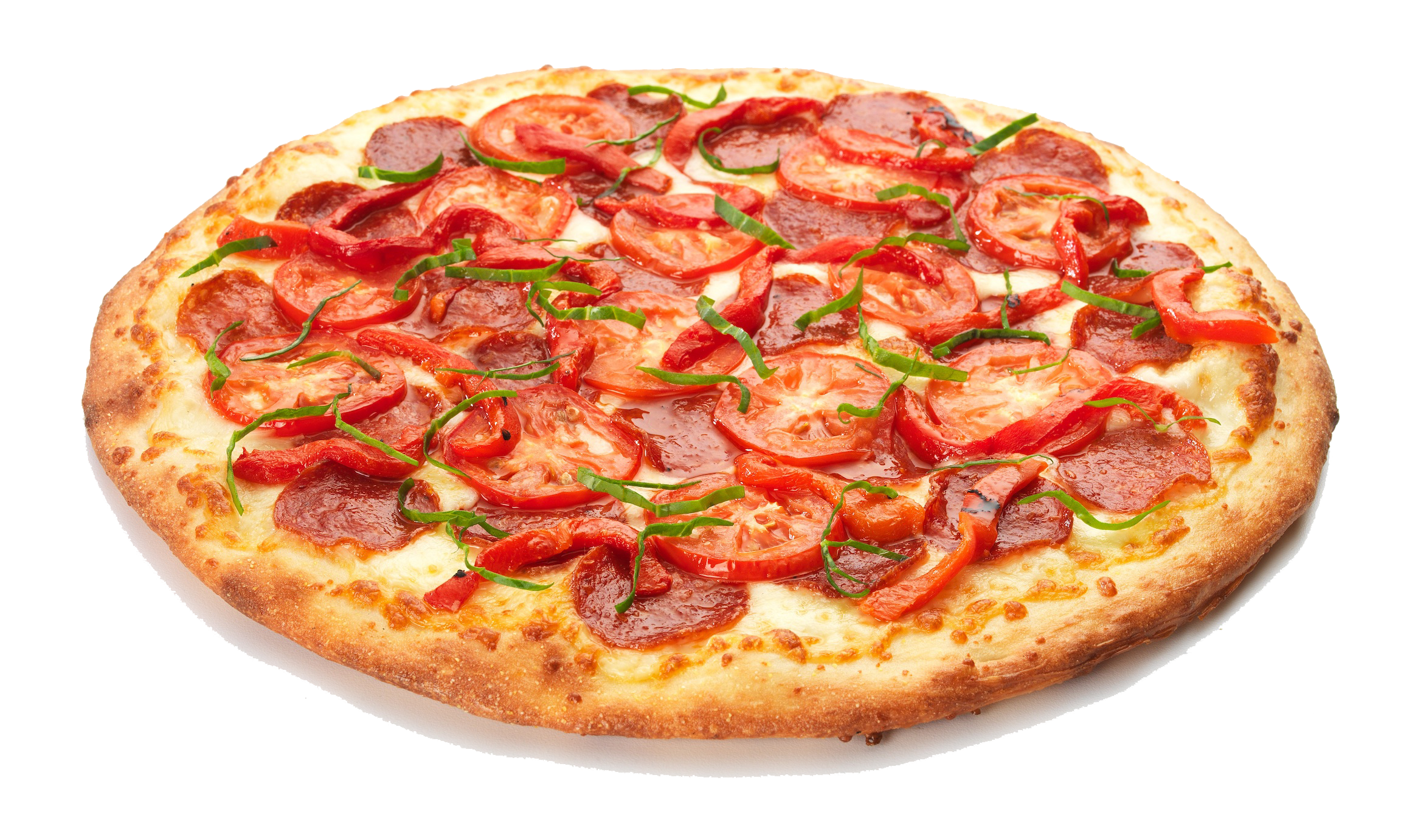 Spicy Meat and Green Pepper Pizza with Tomato Slices PNG Image
