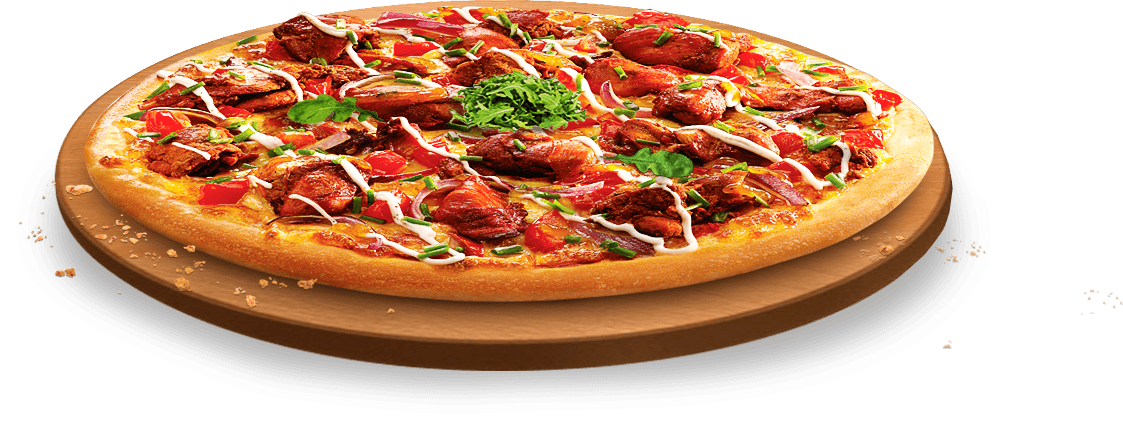 Spicy Meat Pizza on Wooden Serving Tray with Fresh Herbs PNG Image