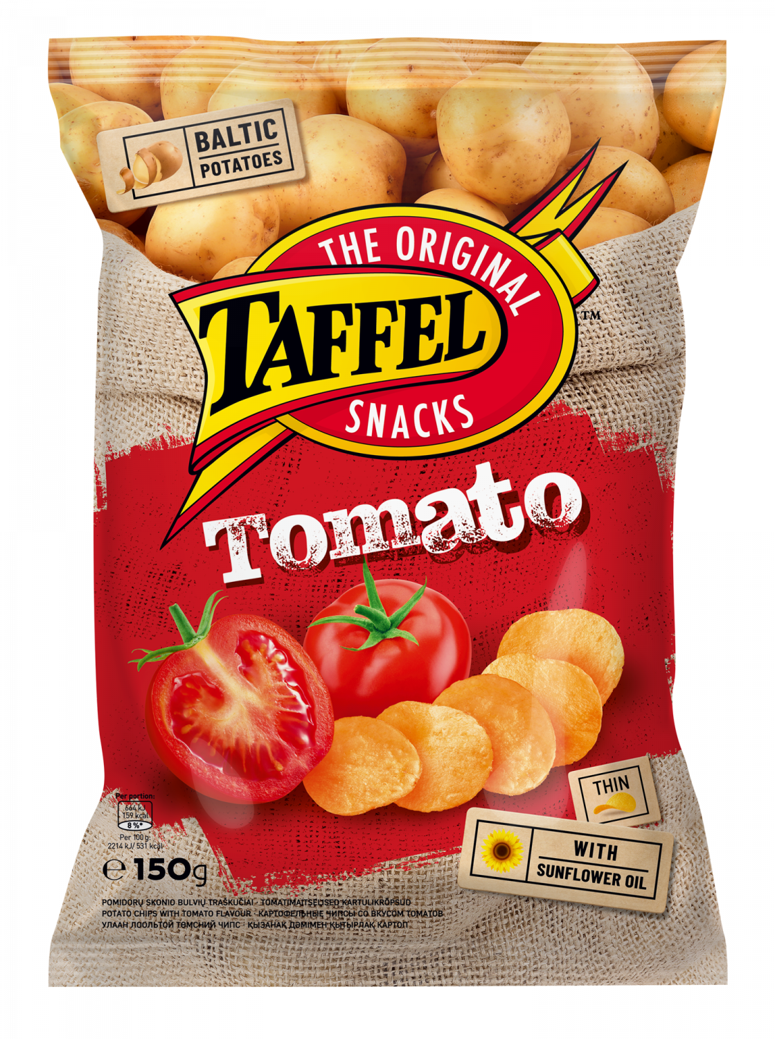 Taffel Tomato Flavored Potato Chips Bag Product Packaging PNG