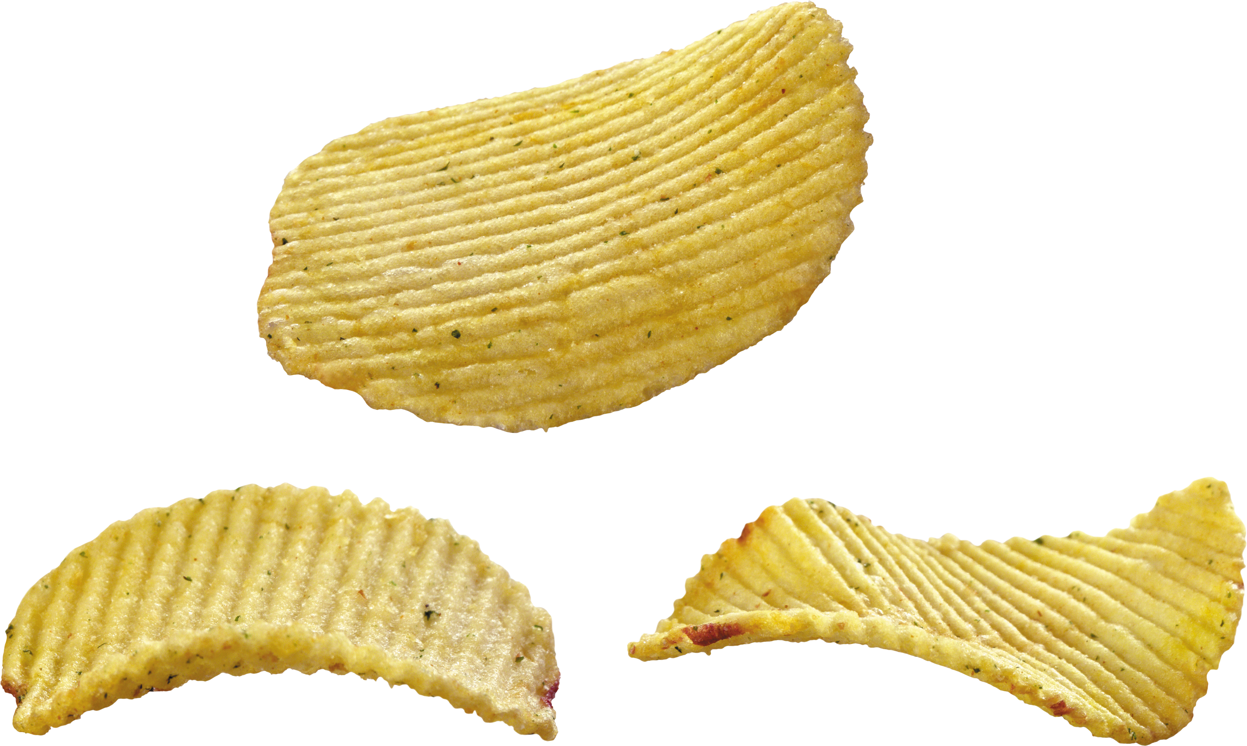 Three Golden Ridged Potato Chips Isolated Snack PNG Cutout