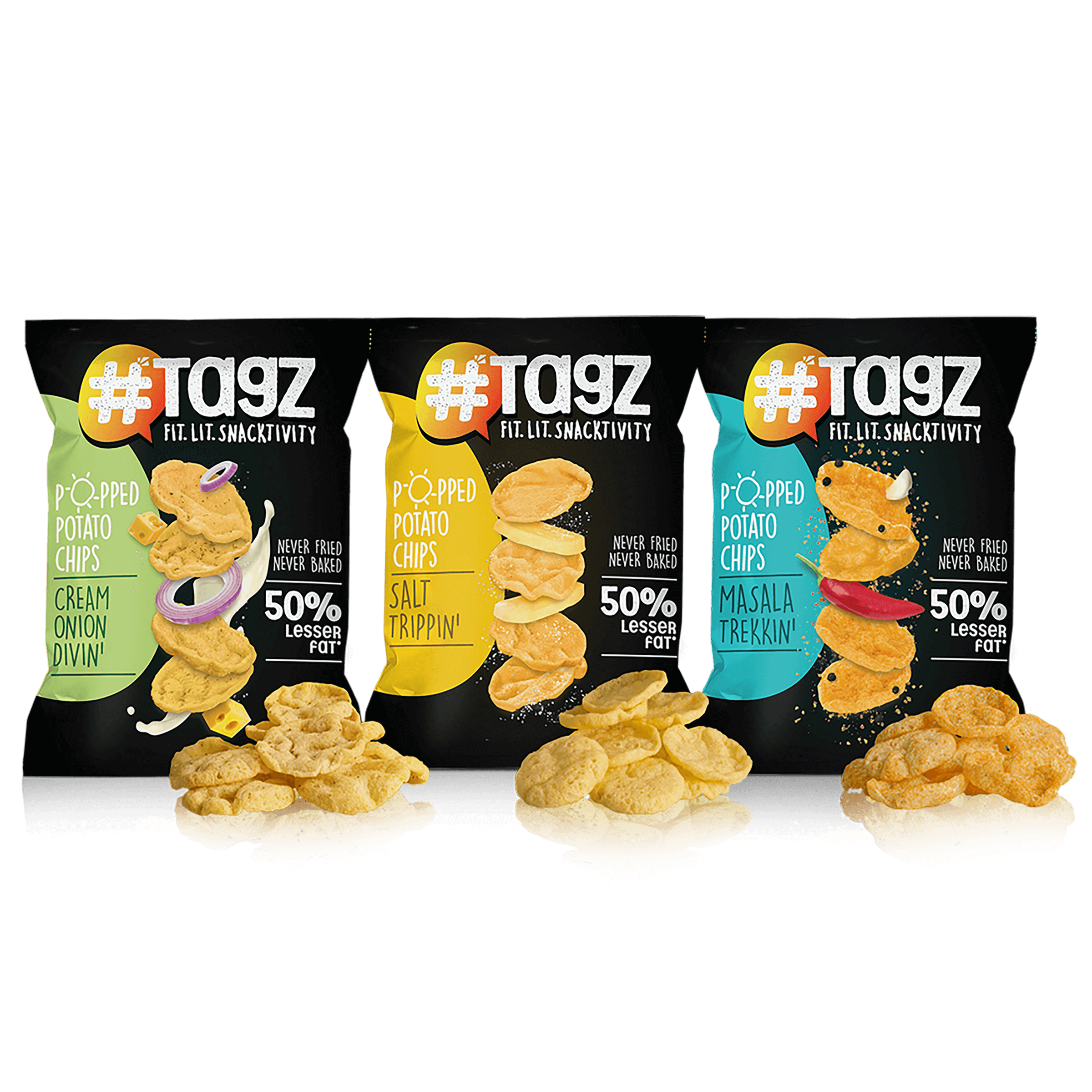Three Small Potato Chip Snack Bags with Assorted Flavors PNG Image