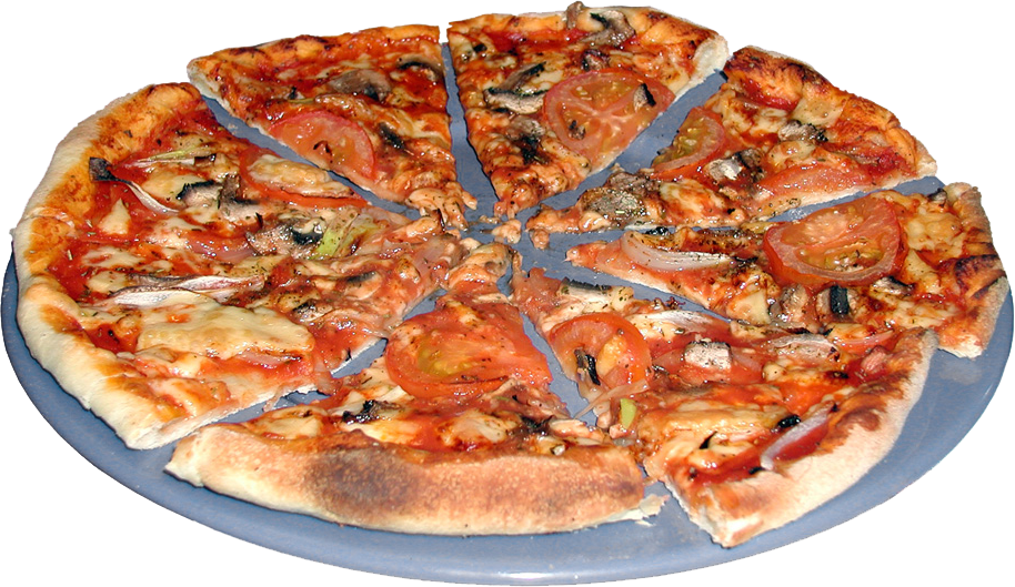 Whole Sliced Pizza with Assorted Meat and Vegetable Toppings PNG Image