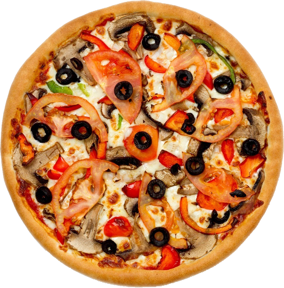 Whole Vegetable Pizza with Olives Mushroom and Fresh Greens PNG Image