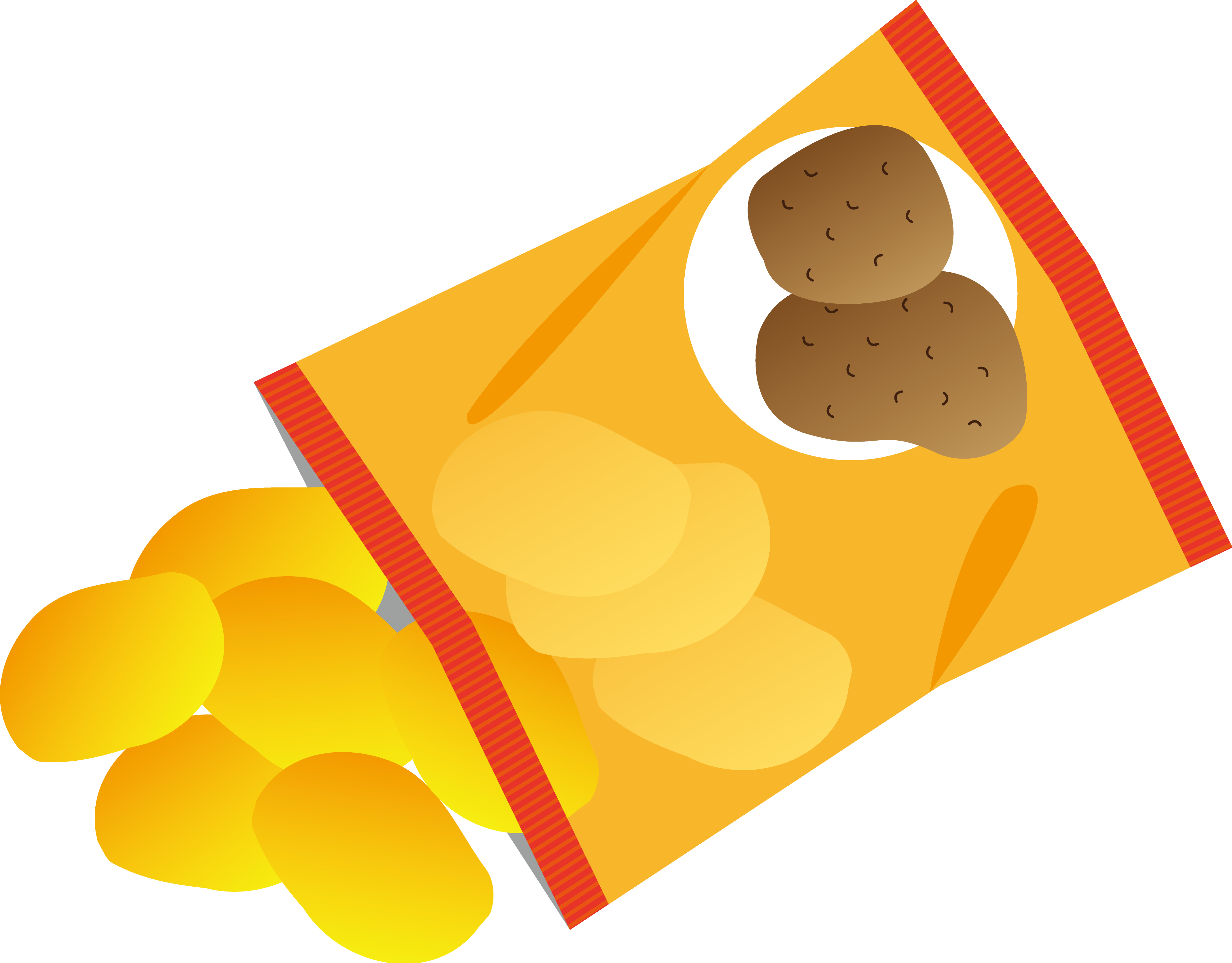 Yellow Cartoon Potato Chip Bag with Scattered Crisps PNG Illustration