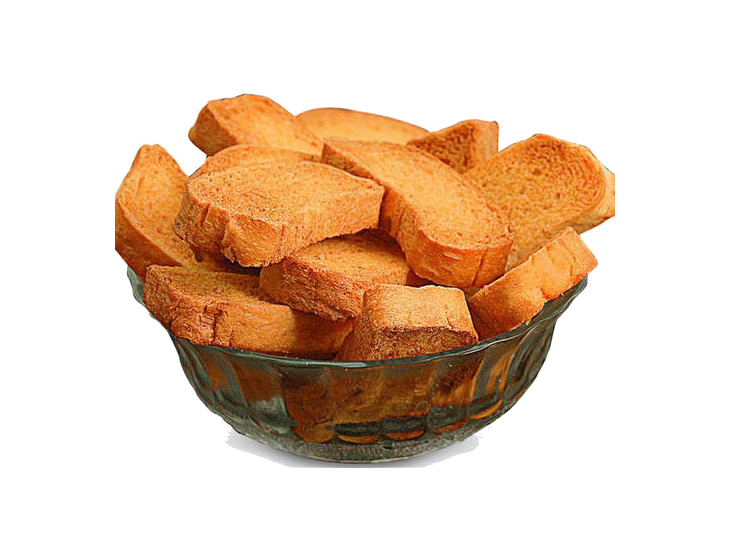 Golden Rusk Toast Rounds Piled in Clear Glass Bowl PNG Image