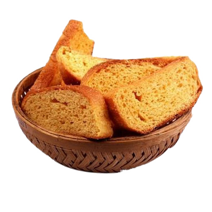 Golden Rusk Toast Slices in Brown Wooden Serving Bowl PNG Image