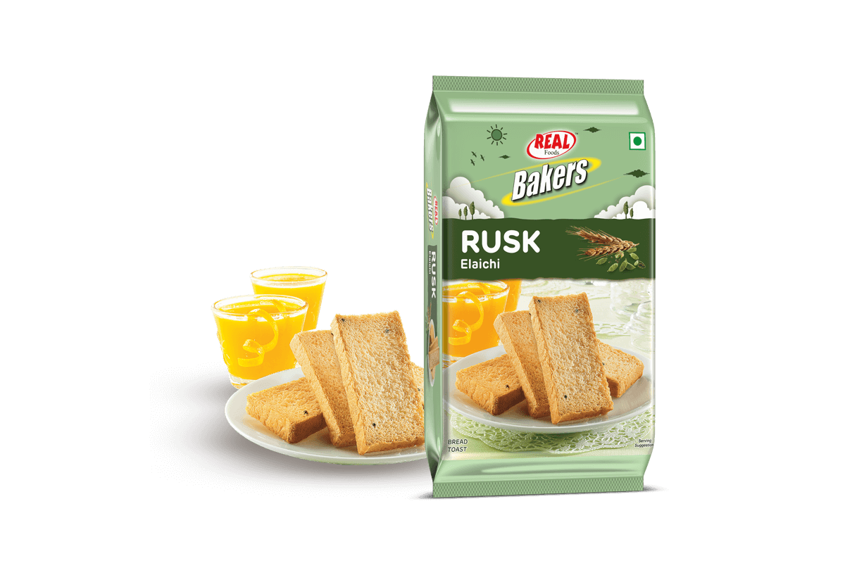 Green Packaged Rusk Toast with Tea and Lemon Slices PNG Product Image