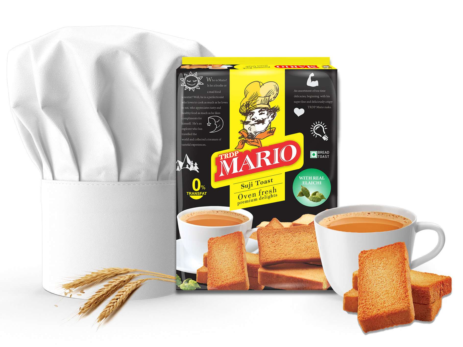 Mario Milk Rusk Package with Tea Cups and Toasted Rusks PNG Product Image