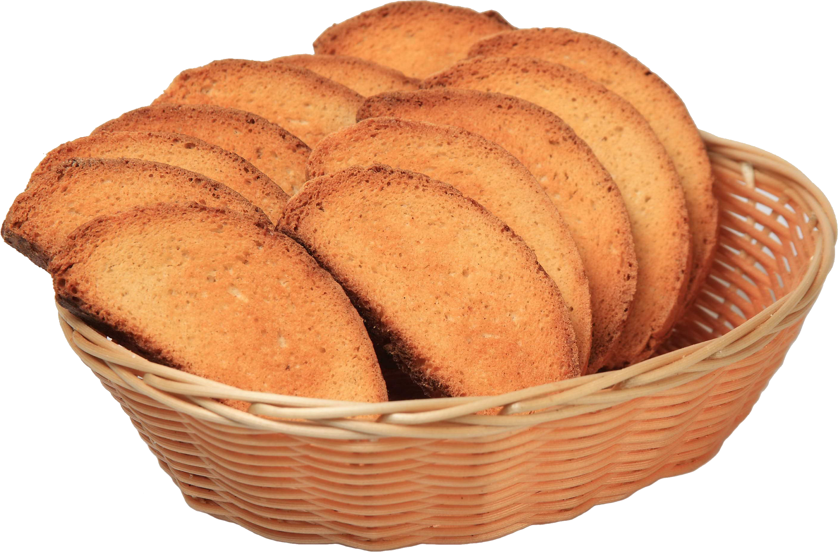 Round Toast Rusks Stacked in Woven Brown Basket PNG Bakery Image