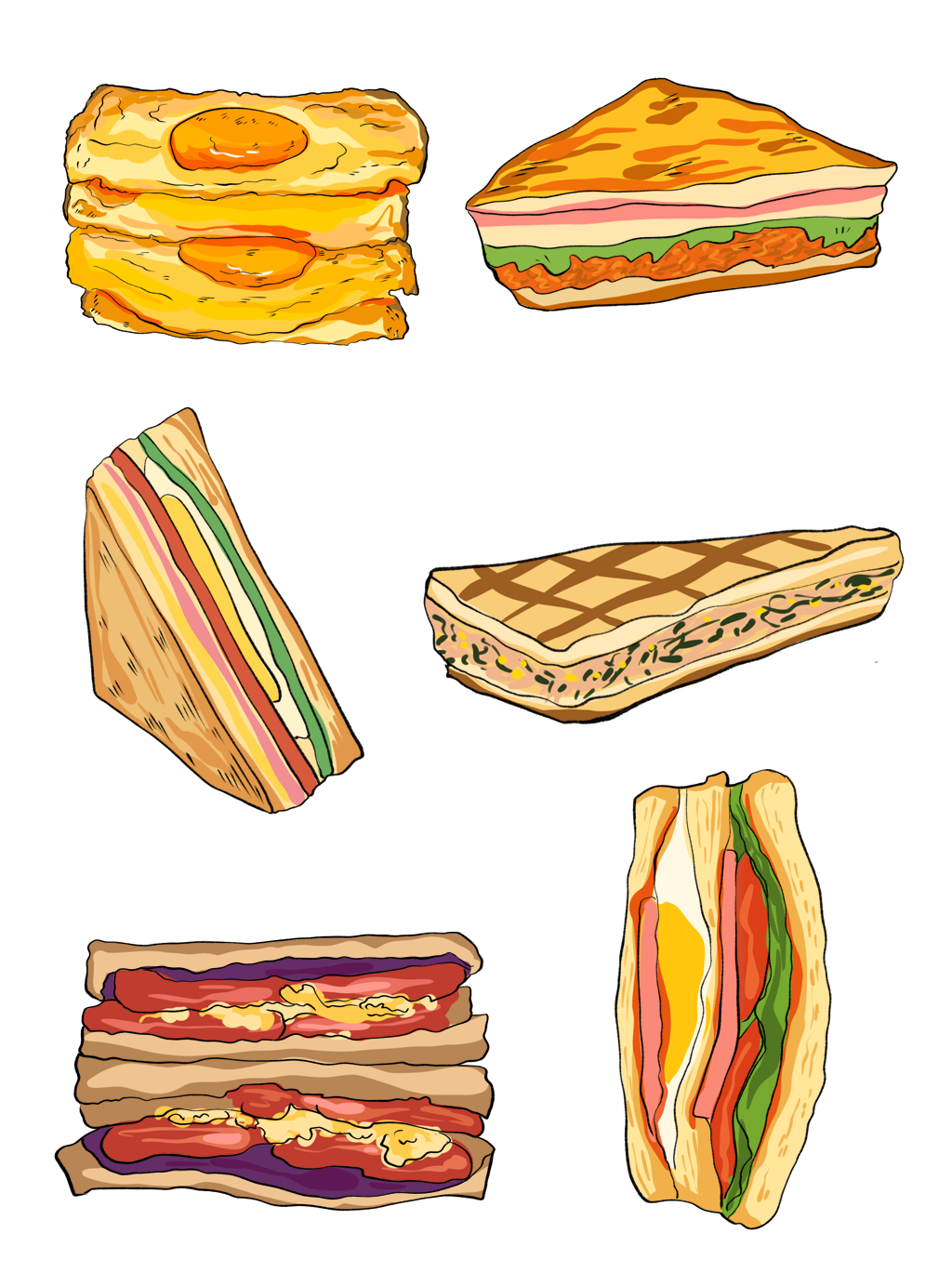 Assorted Sandwich Varieties in Colorful Bakery Food Collage PNG Image