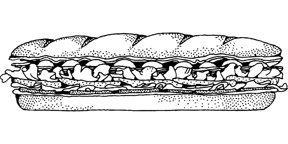 Black and White Line Drawing of Stuffed Sub Sandwich PNG Illustration