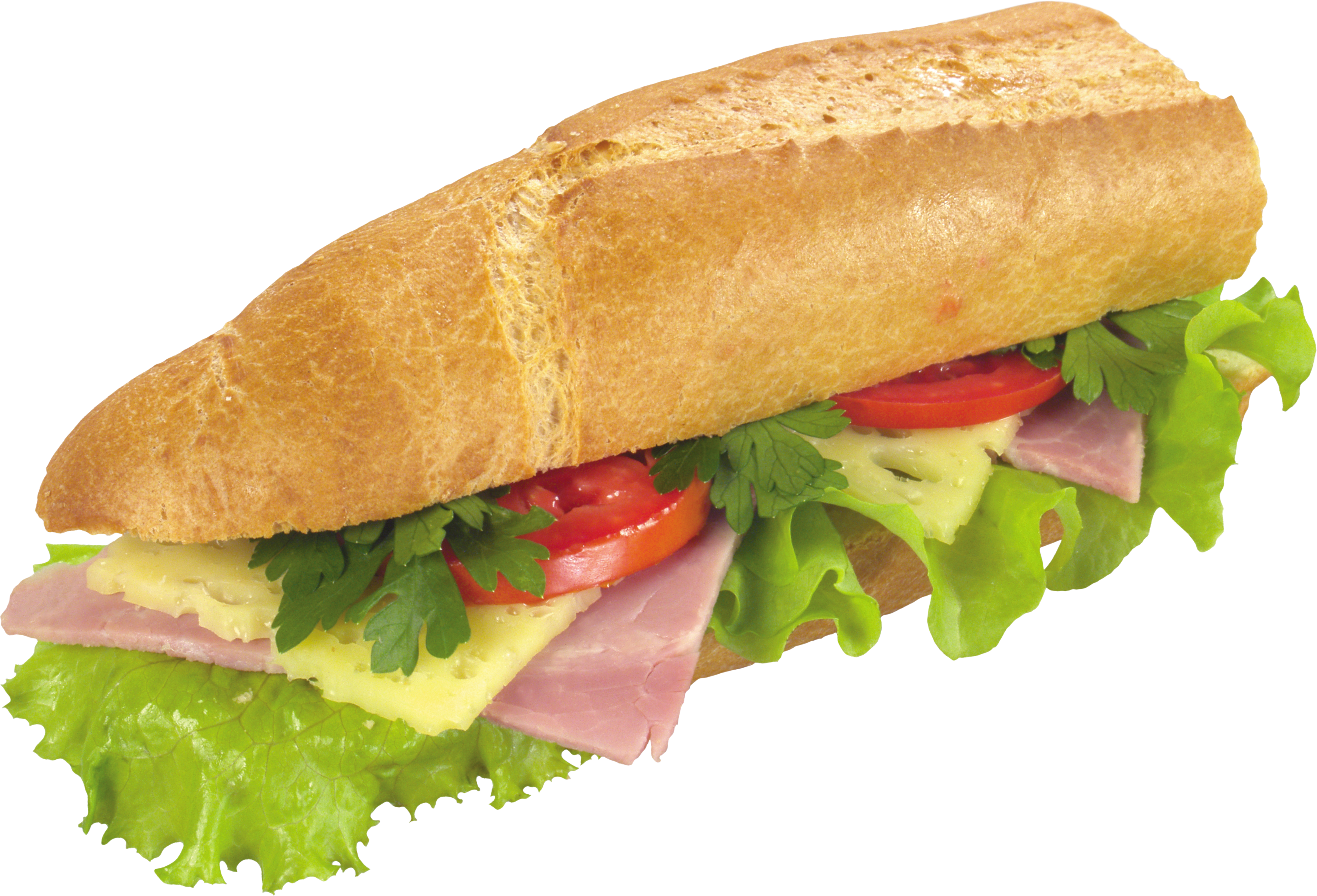Crusty Baguette Sandwich with Meat Cheese Tomato and Lettuce PNG