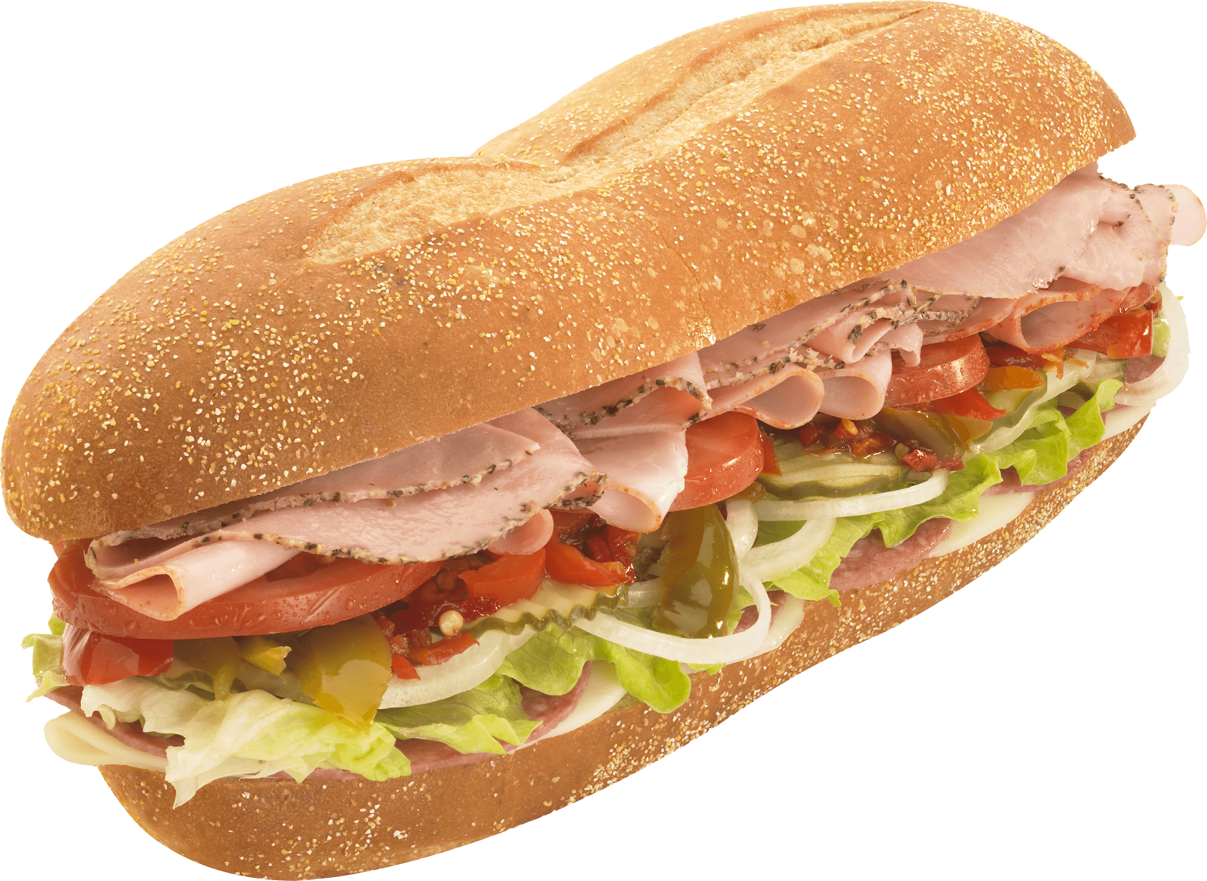 Fresh Deli Meat Sub Sandwich with Tomato Lettuce and Pickles PNG Image