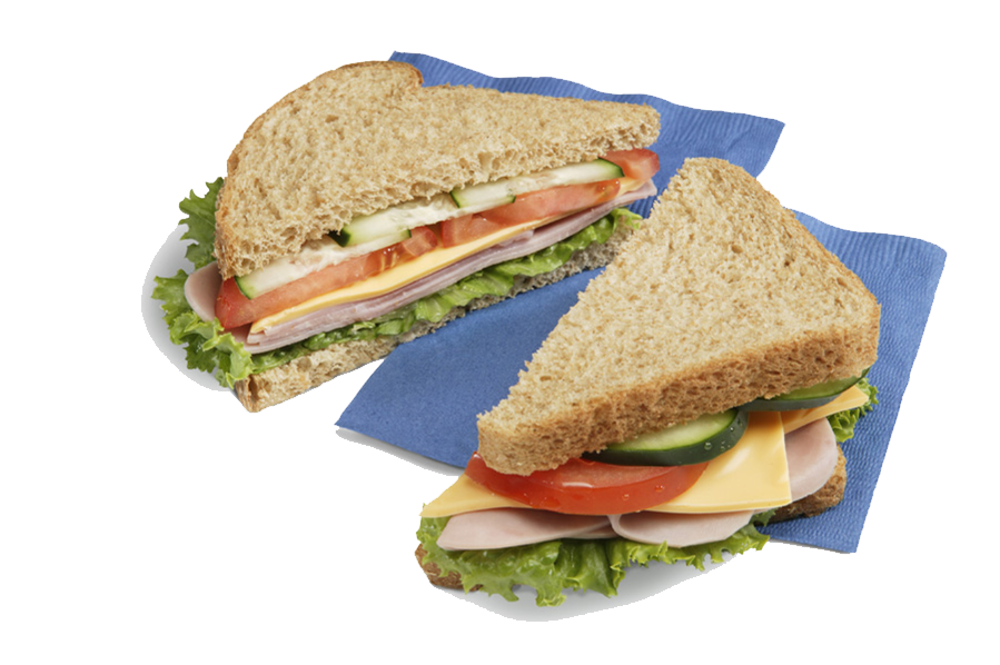 Rye Bread Sandwich with Deli Meat Cheese and Greens on Blue Cloth PNG