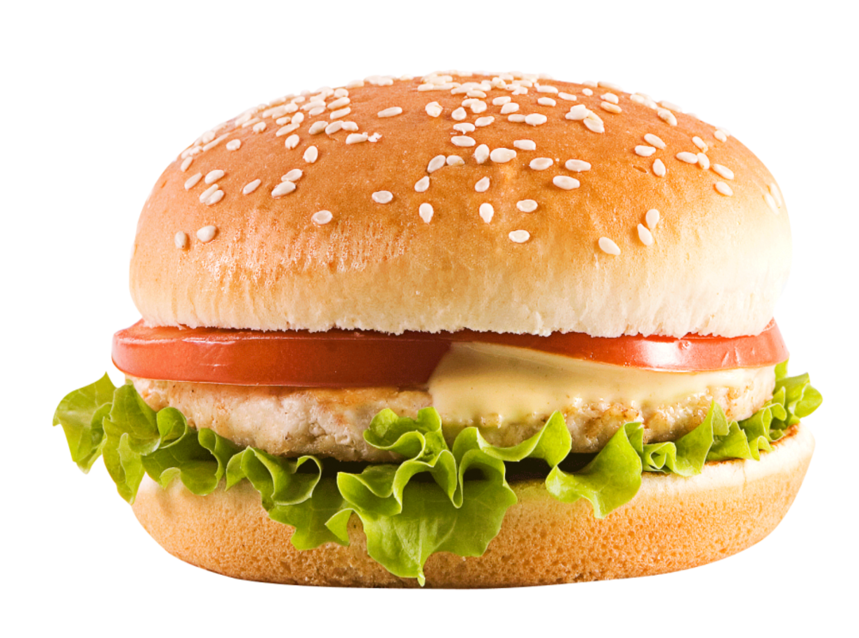 Sesame Bun Beef Burger with Cheese Lettuce and Tomato PNG Food Image