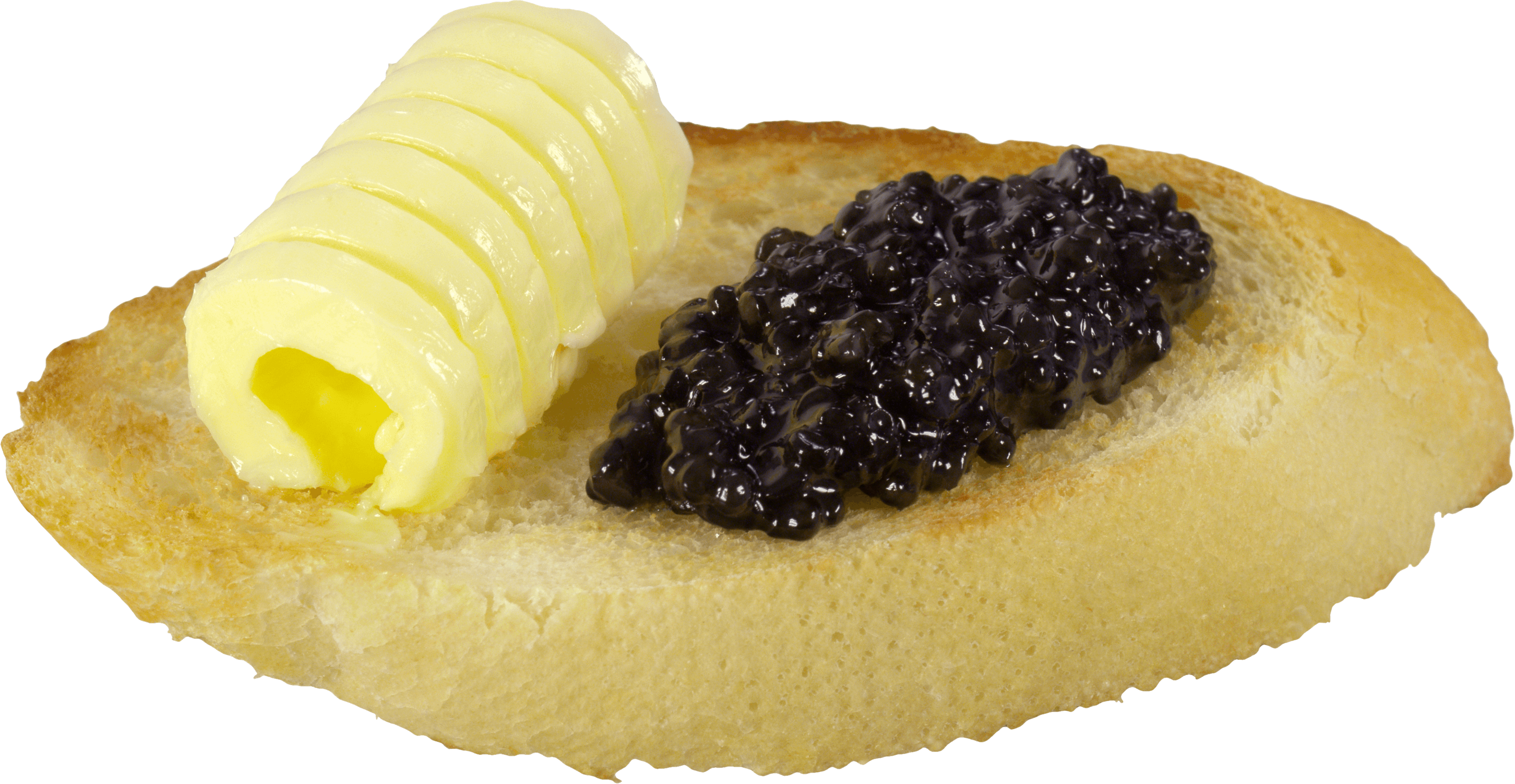 Toast with Butter Curls and Black Caviar on White Plate PNG Image