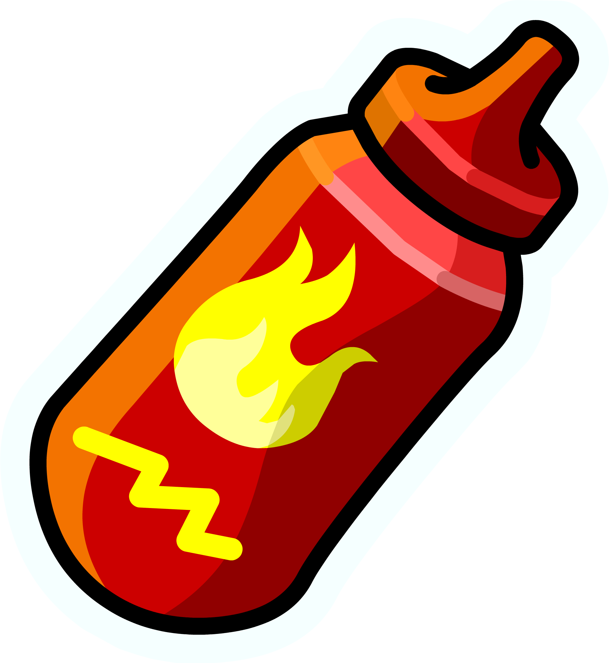 Bright Red Hot Sauce Bottle Cartoon with Yellow Flame PNG Illustration