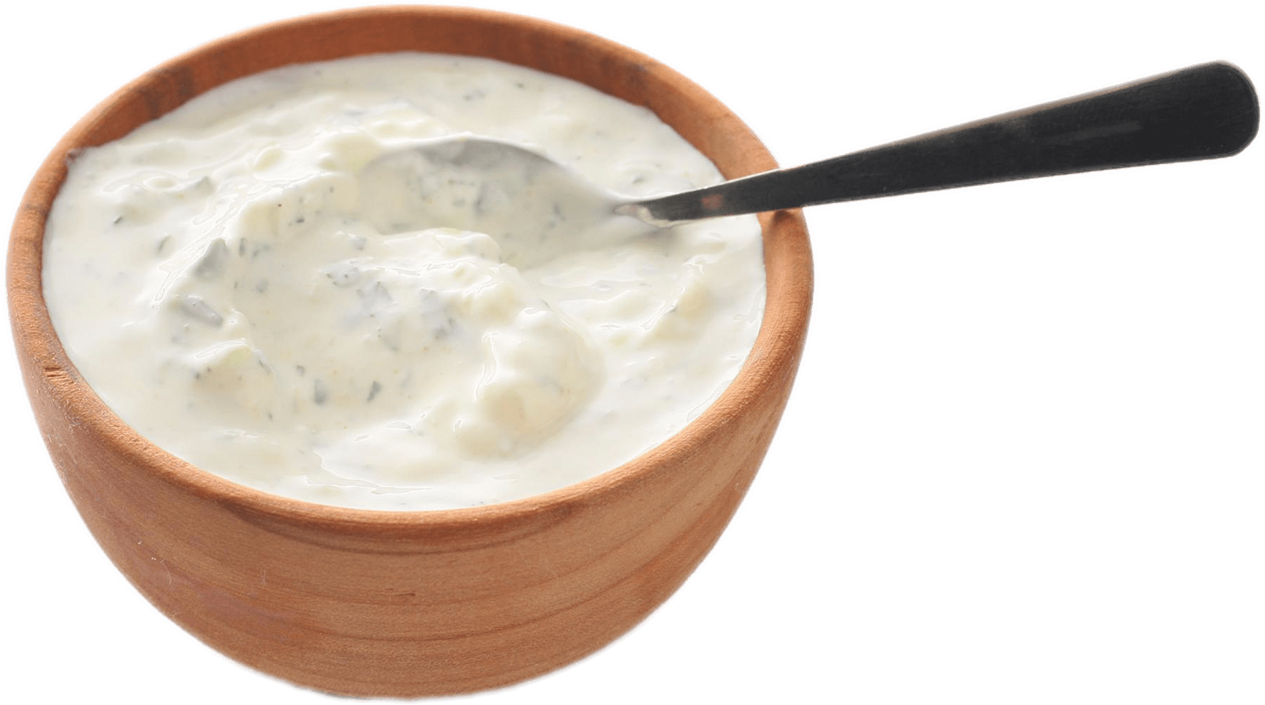Creamy White Dipping Sauce in Wooden Bowl with Spoon PNG Image