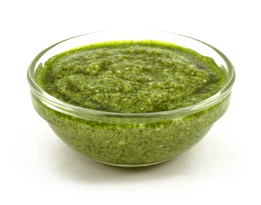 Fresh Green Pesto Sauce in White Bowl with Herb Texture PNG Image