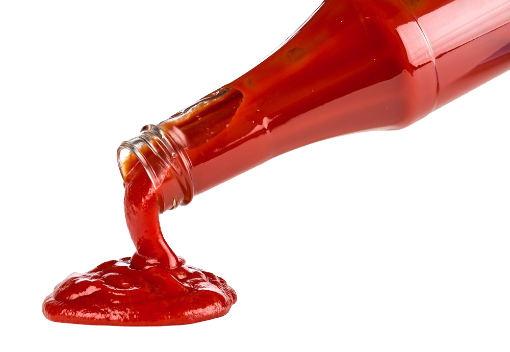 Red Ketchup Pouring from Bottle in Close Up PNG Food Image