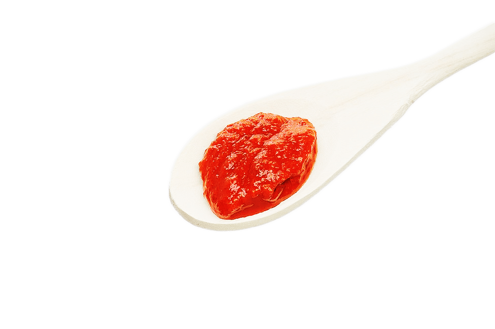 Red Tomato Sauce Served in White Chinese Soup Spoon PNG Food Image
