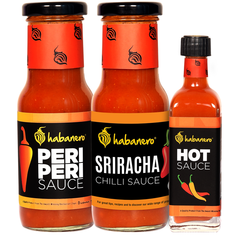 Three Hot Chili Sauce and Sriracha Bottles with Red Caps PNG Image