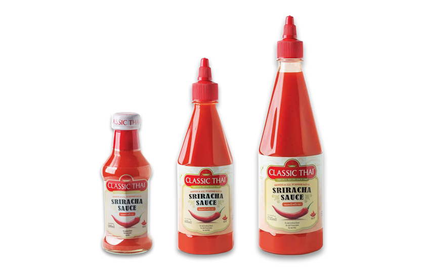 Three Small Red Chili Sauce Bottles in Assorted Sizes PNG Product Image