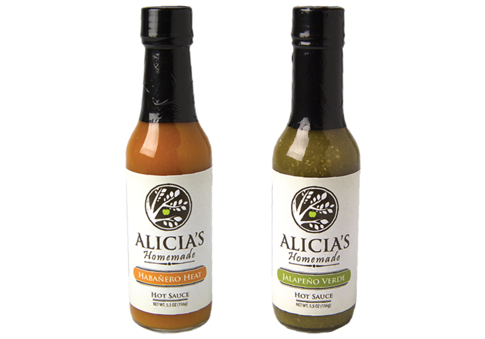 Two Artisan Alicia’s Hot Sauce Bottles with Dark Glass Packaging PNG