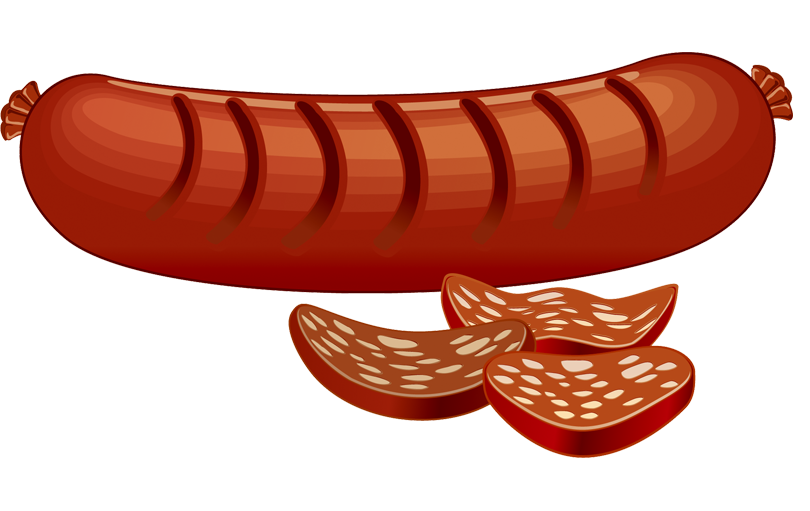 Cartoon Bratwurst Sausage with Mustard and Onion Garnish PNG