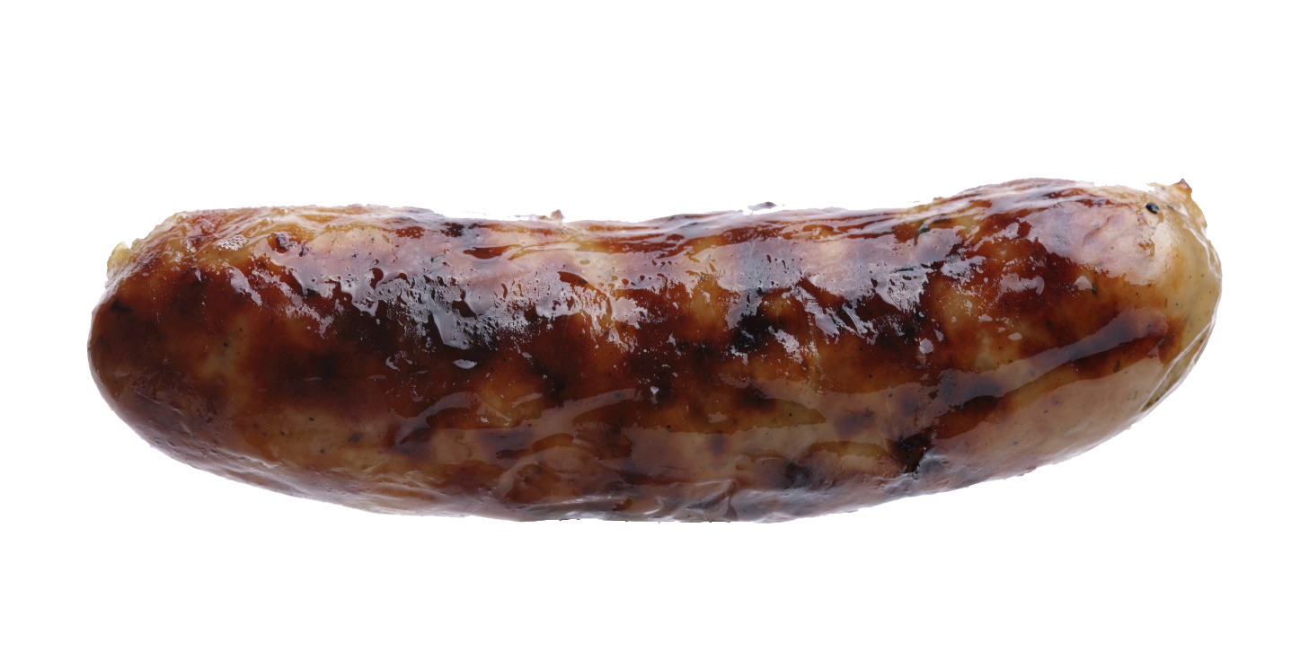 Dark Grilled Sausage on Fork Close Up PNG Food Cutout