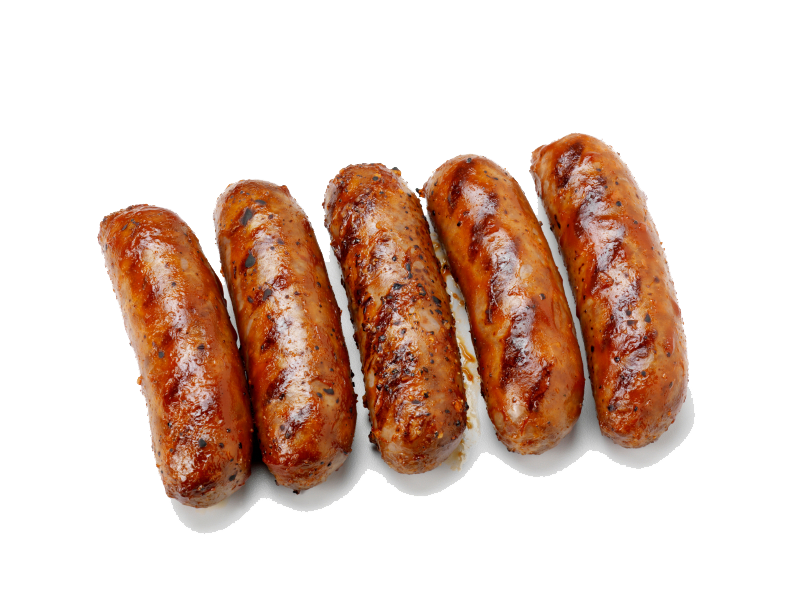Five Grilled Meat Sausages with Char Marks on White PNG Food Image