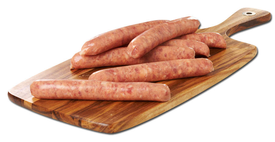 Fresh Meat Sausages on Wooden Cutting Board PNG Butcher Image