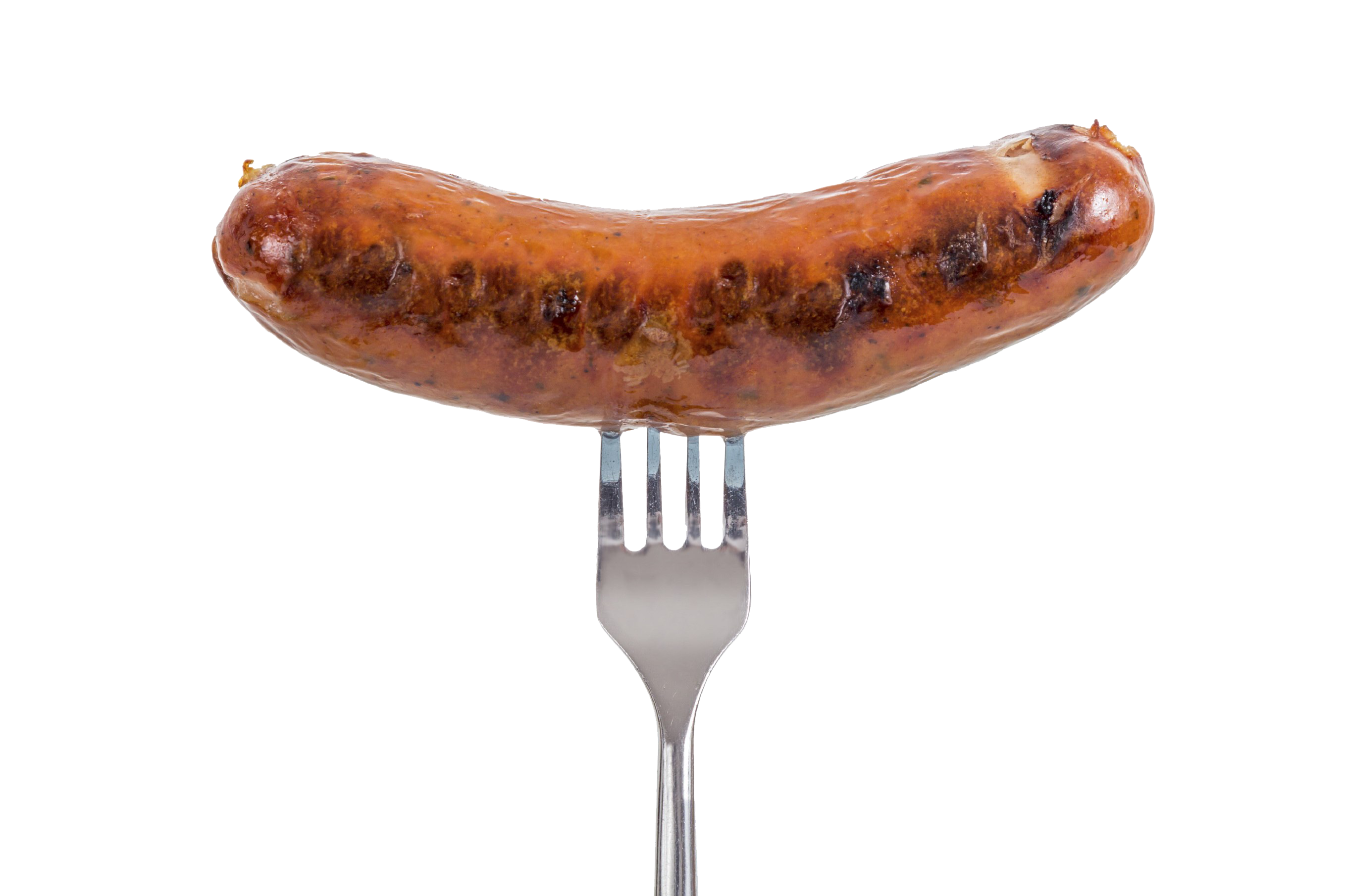 Grilled Meat Sausage Served Upright on Dinner Fork PNG Image