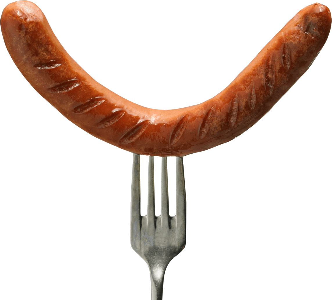 Single Curved Brown Meat Sausage Served on a Fork PNG Food Image