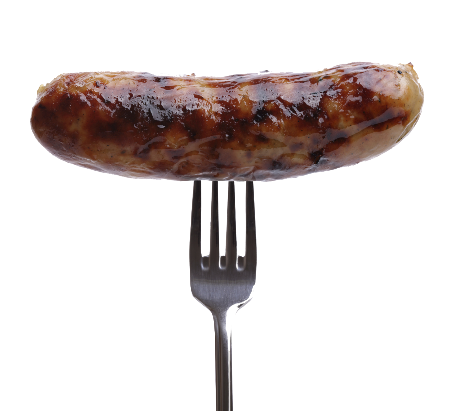 Single Grilled Meat Sausage Balanced on a Fork PNG Food Image