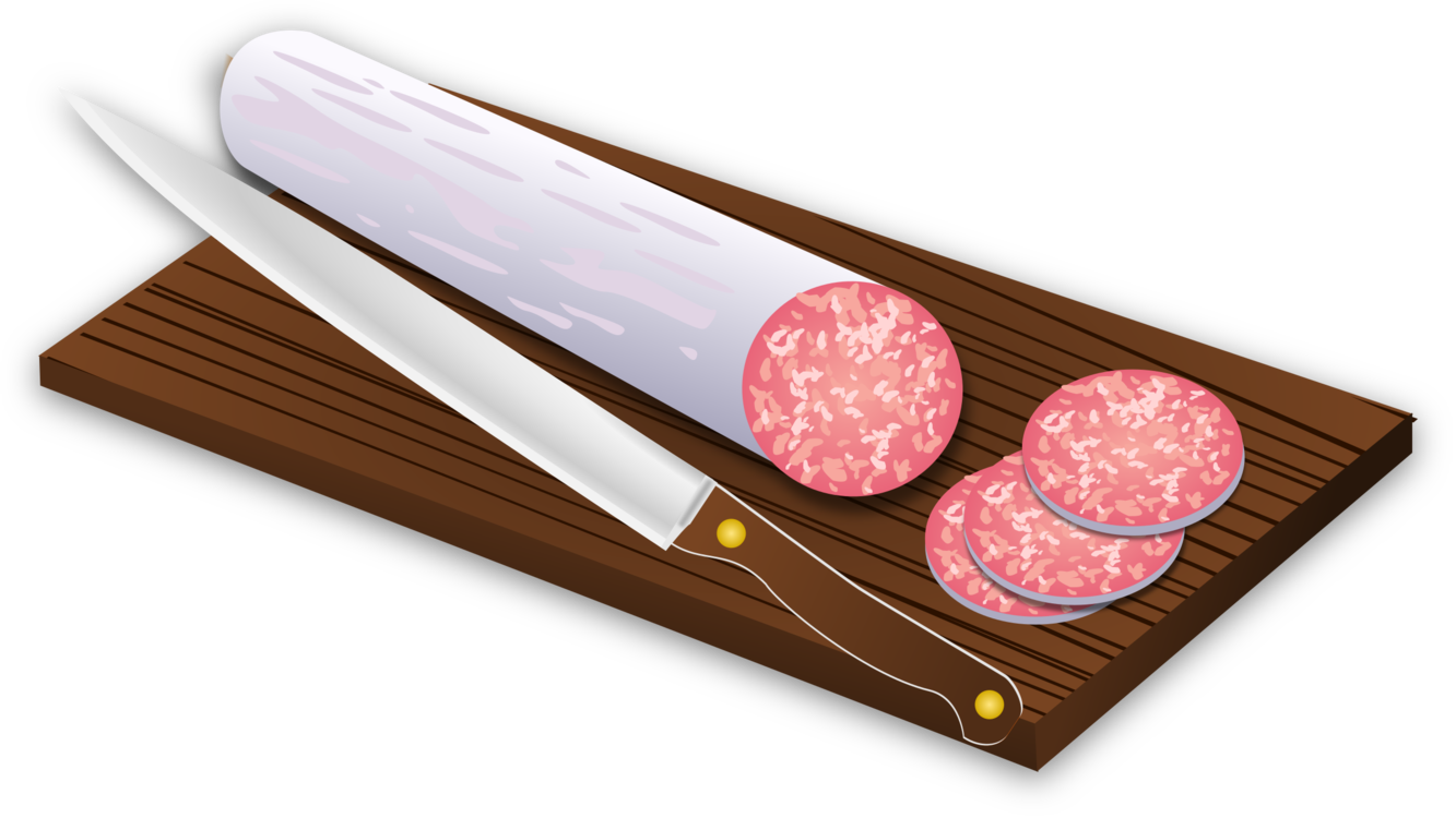 Sliced Cured Meat Sausage on Wooden Cutting Board with Knife PNG