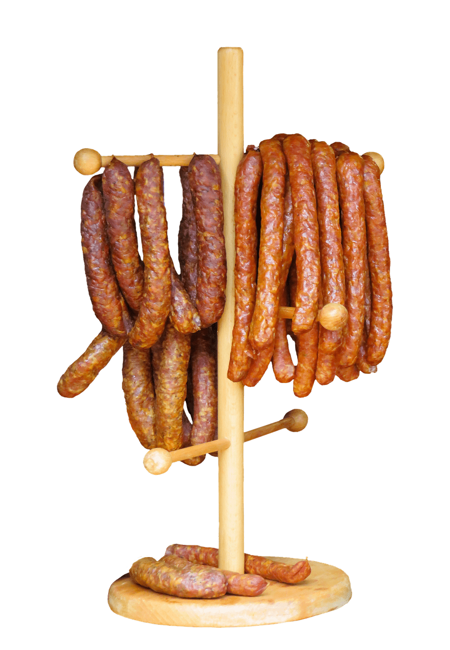 Smoked Meat Sausage Links Hanging from Wooden Display Stand PNG