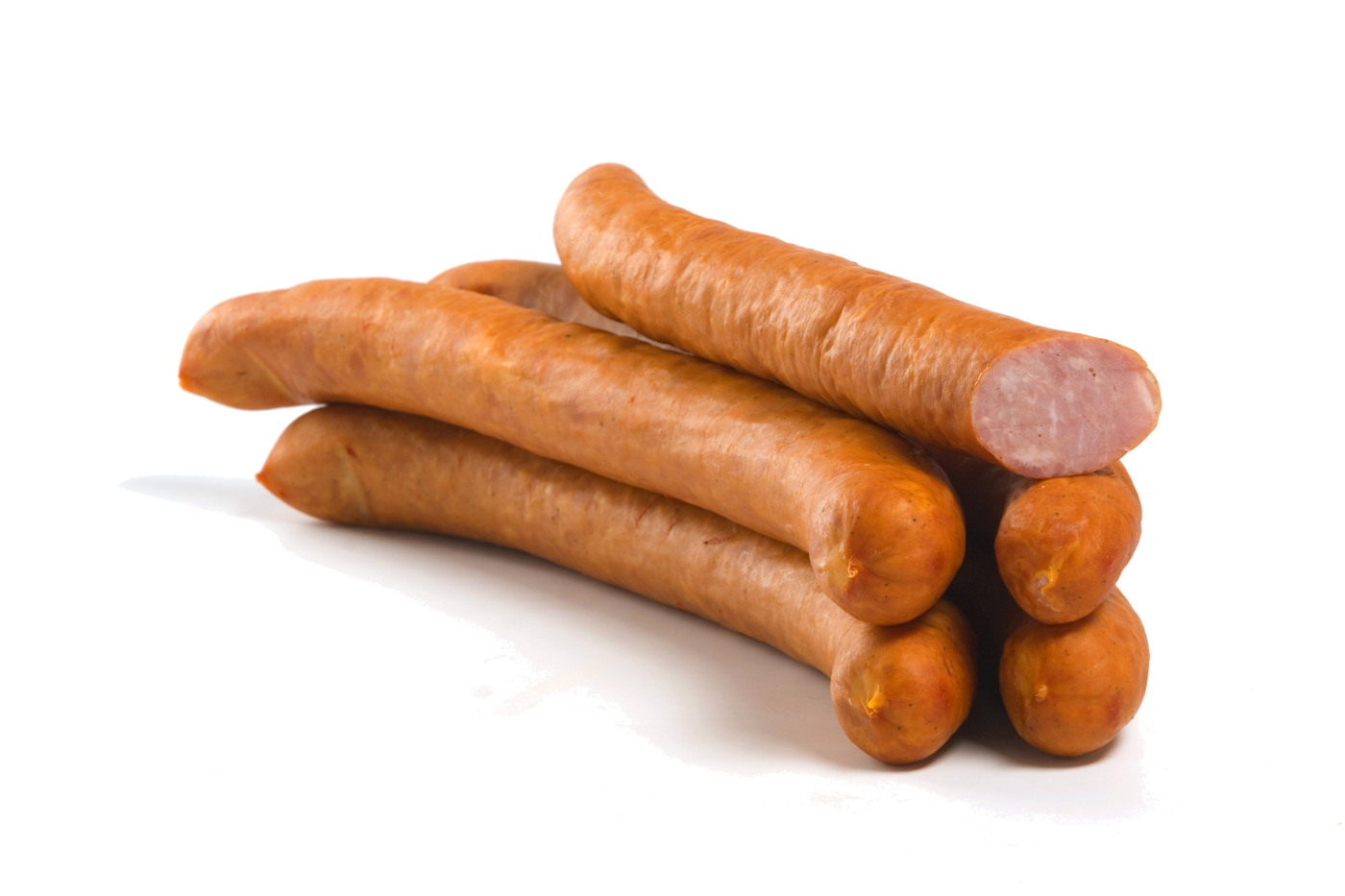 Stack of Light Brown Smoked Sausage Links on White PNG Image