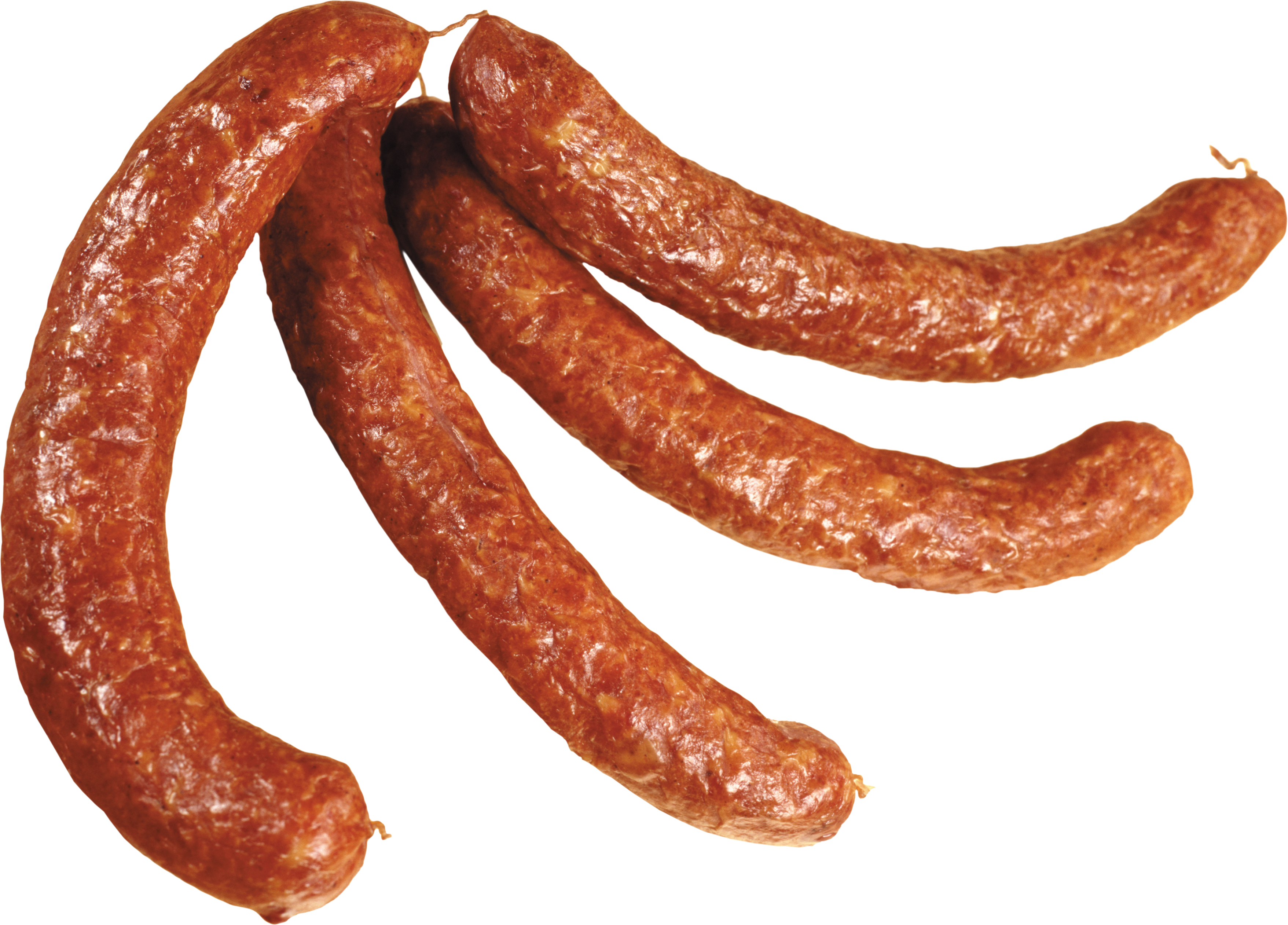 Three Long Smoked Meat Sausages Isolated on Transparent PNG