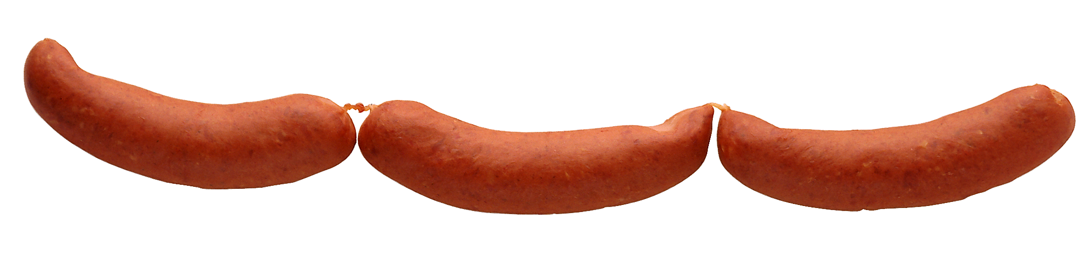 Three Small Curved Meat Sausage Links Isolated PNG Food Cutout