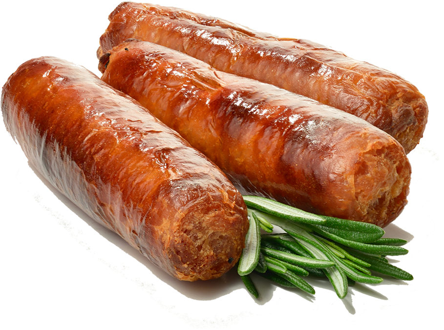 Two Roasted Sausages with Rosemary and Side Vegetables PNG Image