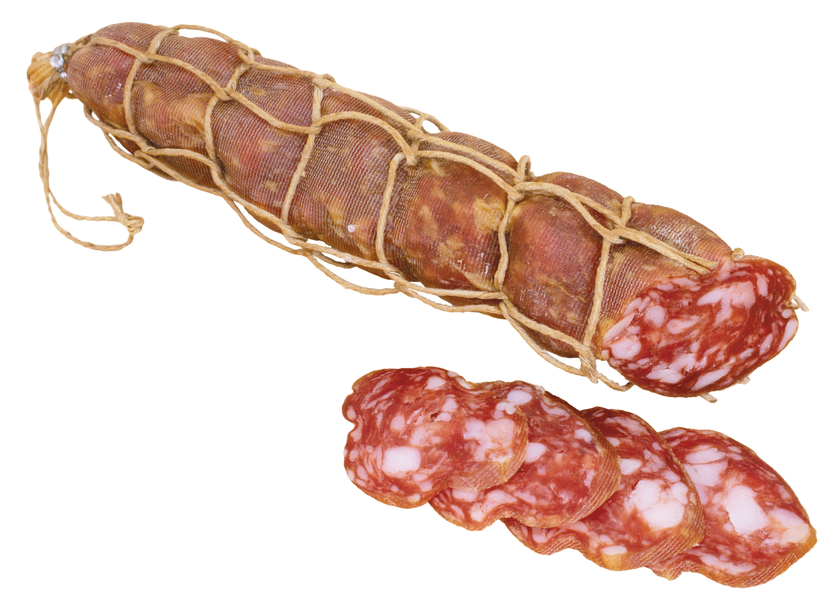 Whole Cured Meat Salami Roll with Sliced Rounds PNG Food Image