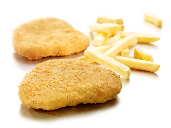 Breaded Chicken Schnitzel Patty with French Fries on Plate PNG Image