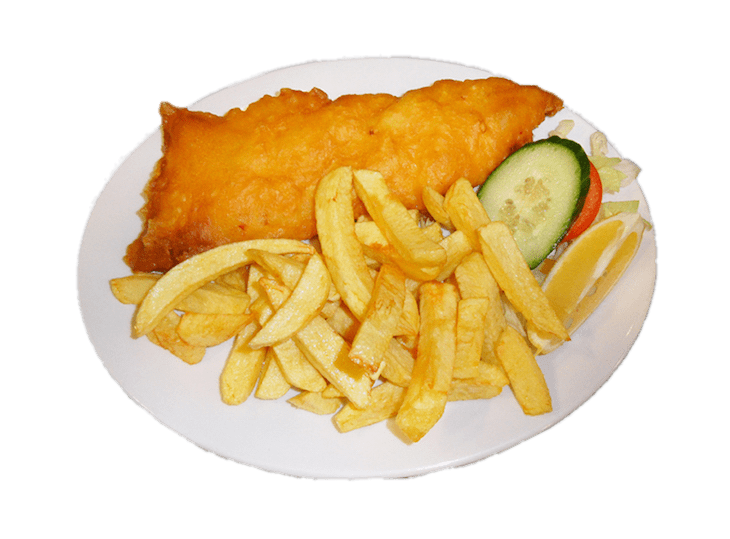 Breaded Meat Schnitzel with Fries Pickles and Lemon Wedge PNG Image