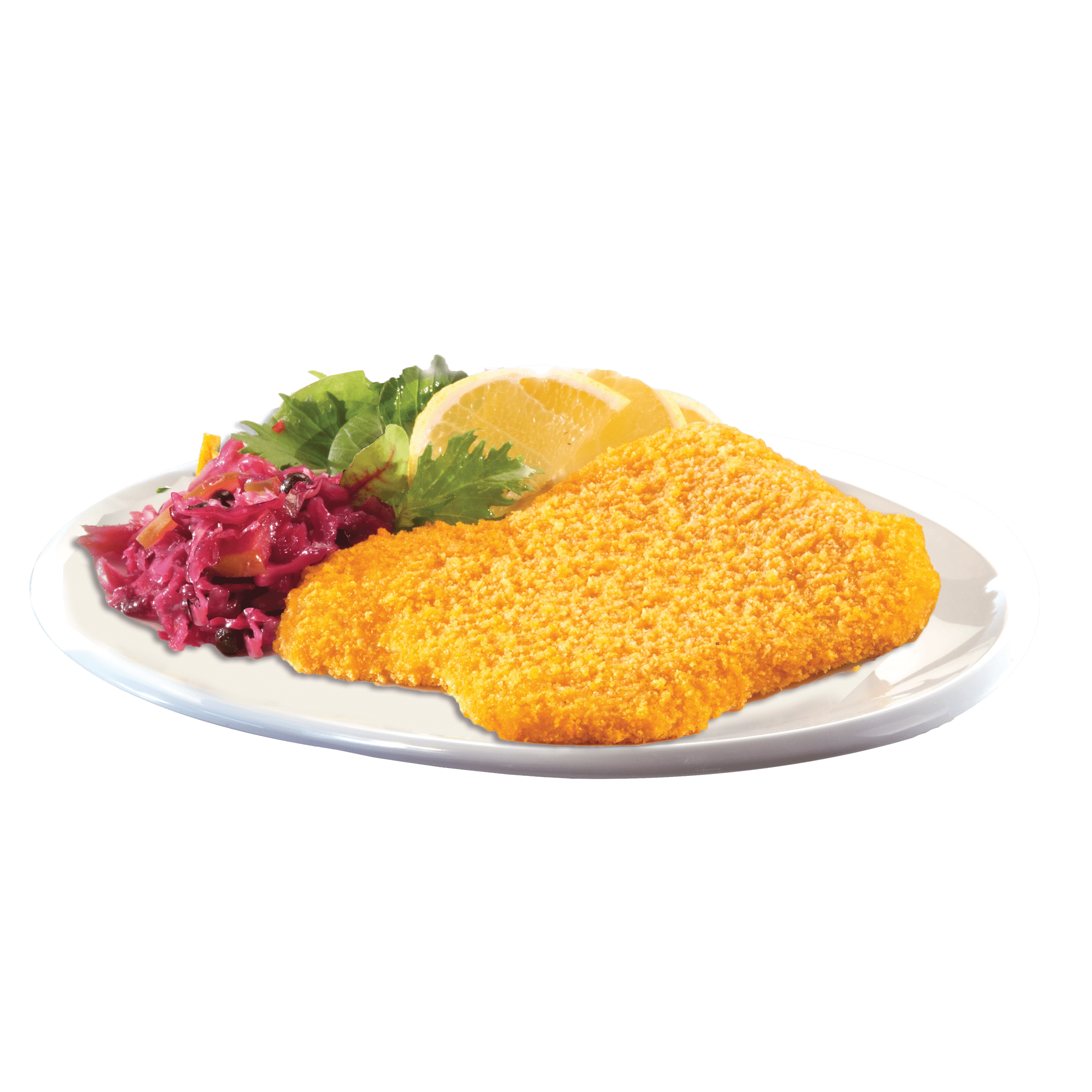 Breaded Schnitzel Dinner with Fries and Red Cabbage Salad PNG Image